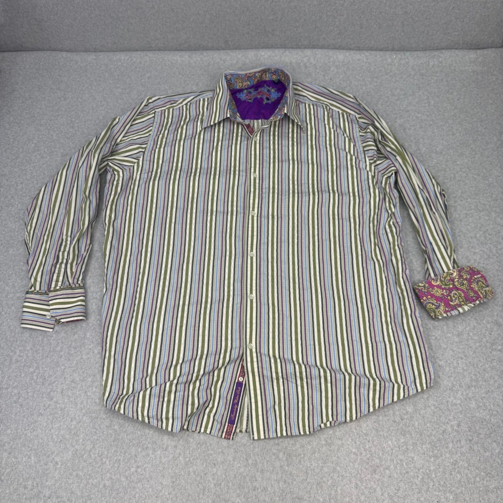Robert Graham Mens 3XLT Striped Button Down Shirt Purple Paisley Trim Tall